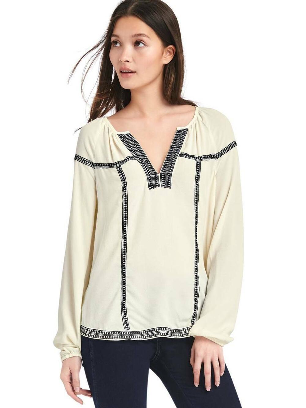 GAP Embroidered Border Trim Peasant Blouse Ivory Cream Black Raglan Womens Small